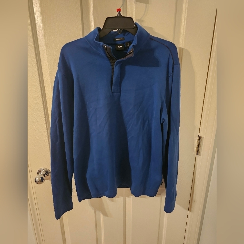 Hugo Boss 1/4 Button Sweater Mens Regular Fit Blue Cotton Long Sleeve Size XL